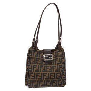 Authentic FENDI Zucca Canvas Shoulder Bag Black Brown Silver